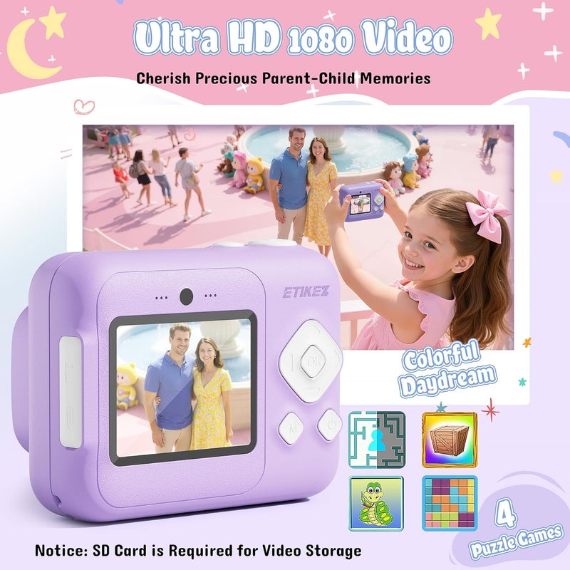 ETIKEZ Instant Print Camera for Kids, HD Digital Camera, Christmas Birthday Gifts for 4 5 6 7 8 9 10 Year Old Girls Boys, Portable Toy Camera with 32GB SD Card & 3 Rolls Printing Paper, Violet - Image 4